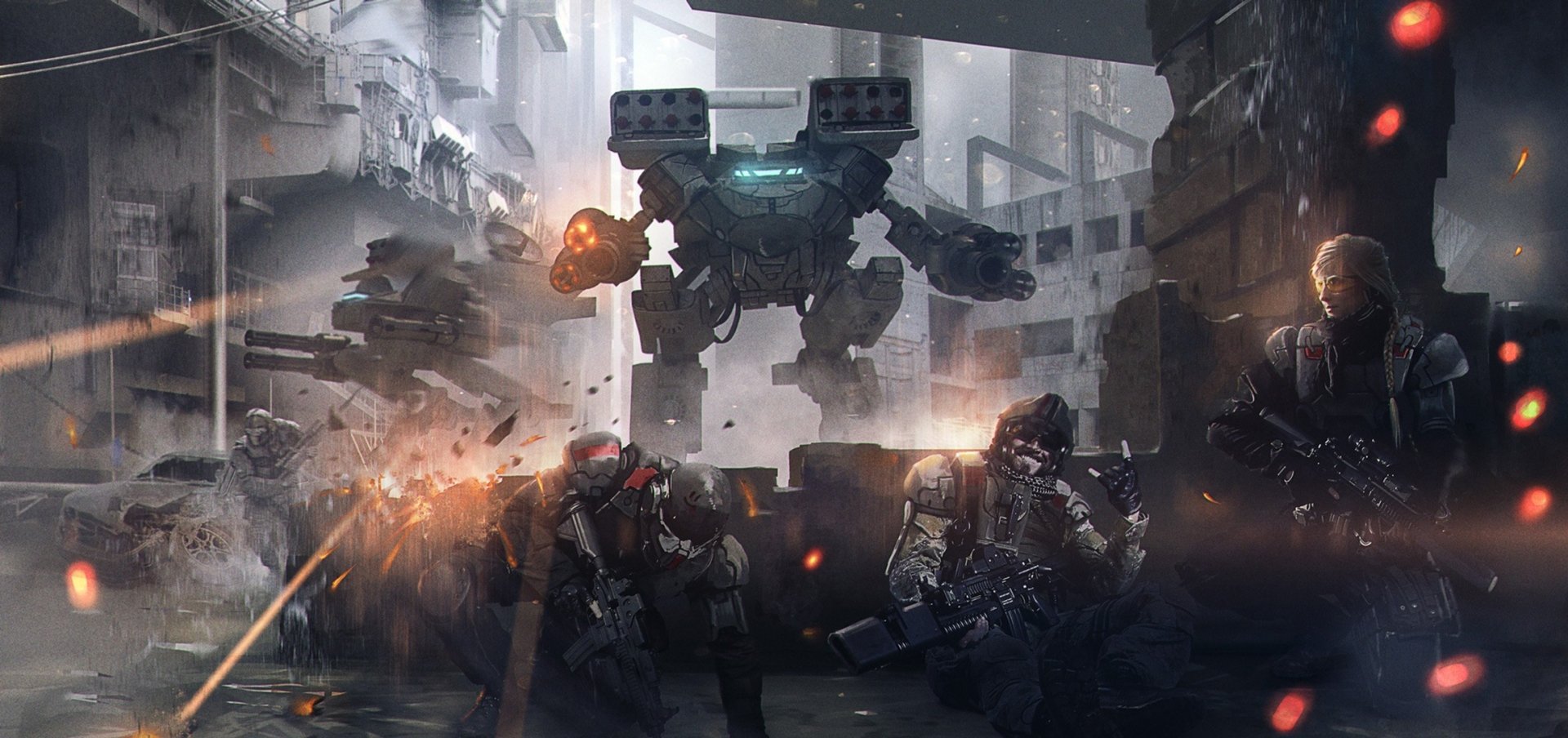 Futuristic battle unfolds in a sci-fi cityscape with heavily armed soldiers and a towering robot engaged in intense combat amid urban ruins.