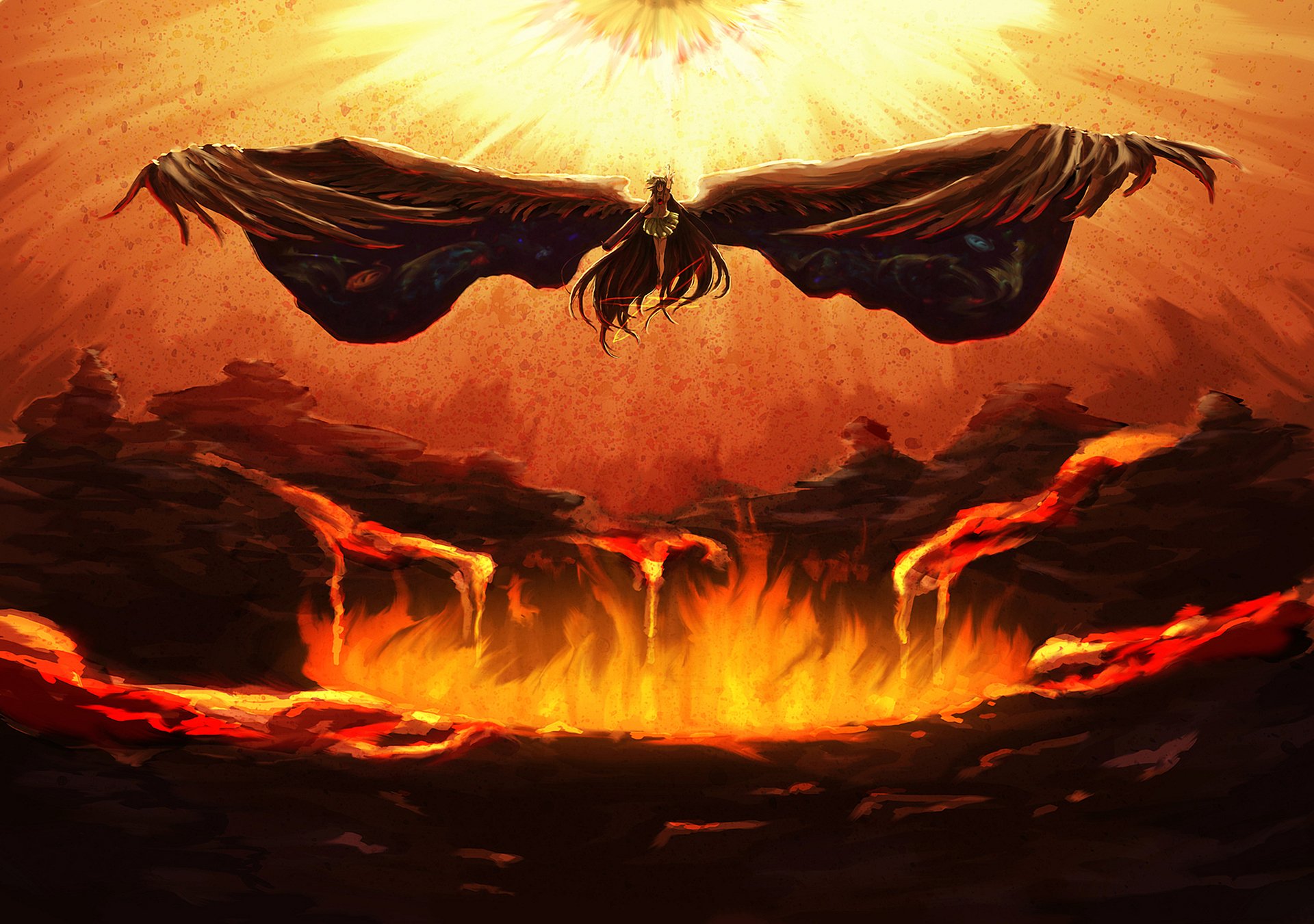 HD desktop wallpaper featuring Utsuho Reiuji from Touhou, depicted in an intense and fiery scene with flames and dark, winged imagery in the background.