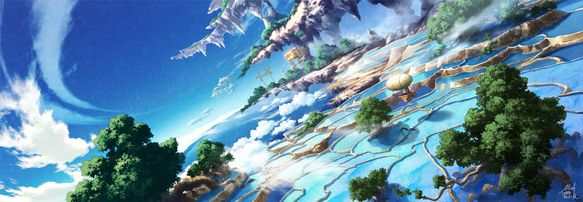 A stunning HD anime wallpaper featuring an original landscape with terraced lakes, lush greenery, and a floating island in the sky.