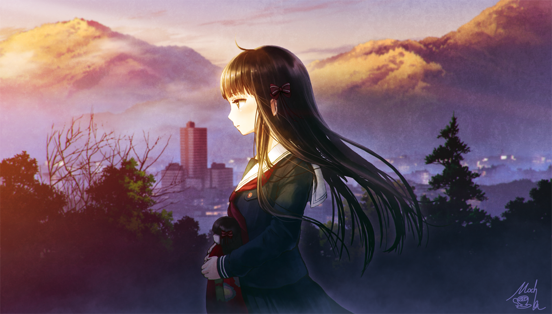 HD PC desktop wallpaper of anime Iwaihime (Kurokami Toe): long black-haired girl in a school uniform gazes from a forested ridge toward a misty city and sunset-lit mountains.