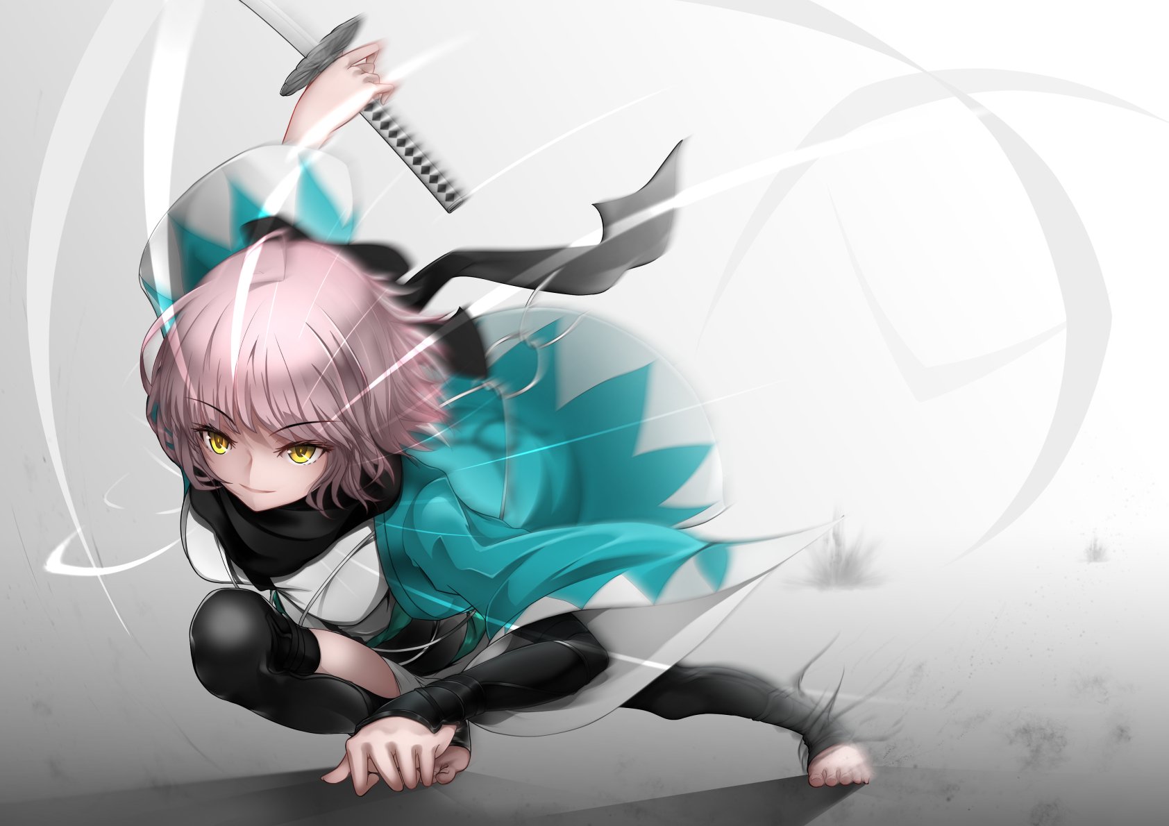 HD anime desktop wallpaper featuring Sakura Saber from Fate/KOHA-ACE, depicted in dynamic pose with pink hair, yellow eyes, and a flowing teal and black outfit.