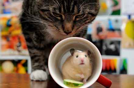 A close-up of a cat curiously peering into a cup containing a small hamster. This HD wallpaper and background tags include: cat, cup, rodent, animal, hamster.