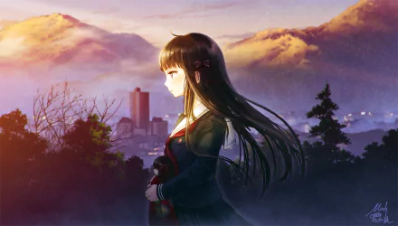 HD PC desktop wallpaper of anime Iwaihime (Kurokami Toe): long black-haired girl in a school uniform gazes from a forested ridge toward a misty city and sunset-lit mountains.