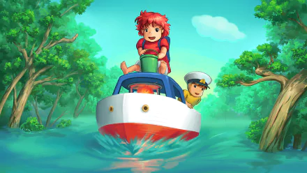 HD PC desktop wallpaper featuring Ponyo and a boy riding a small boat through a lush, green forest river, captured in vibrant anime style.