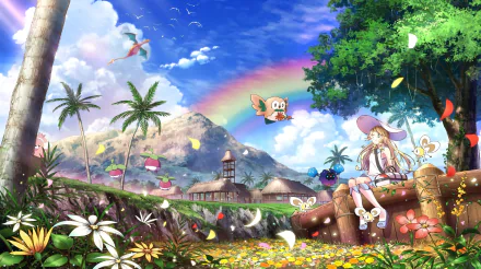 HD PC desktop wallpaper from the video game Pokémon: Sun and Moon, featuring a tropical landscape with Pokémon, a rainbow, and a character resting by a cannon.