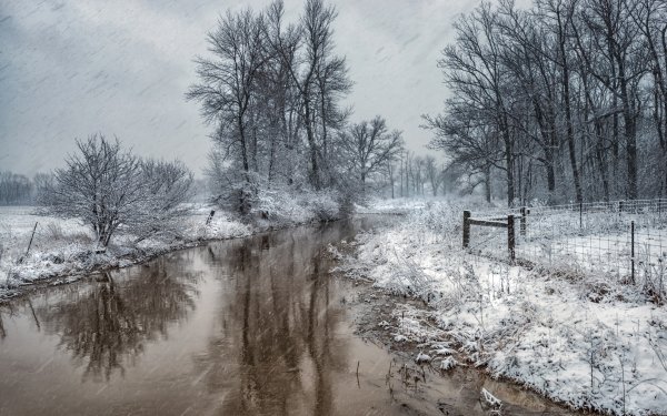 Earth River Winter Nature Snow Rain Reflection Fence HD Wallpaper | Background Image