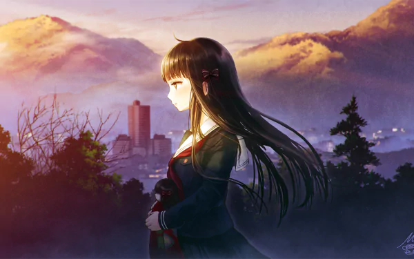 HD PC desktop wallpaper of anime Iwaihime (Kurokami Toe): long black-haired girl in a school uniform gazes from a forested ridge toward a misty city and sunset-lit mountains.