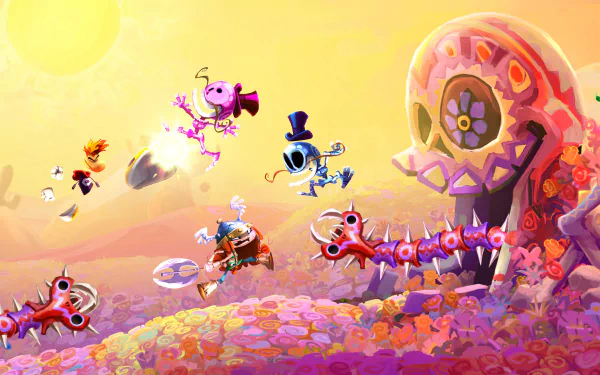 HD wallpaper featuring characters from Rayman Legends, including Rayman, in a colorful and whimsical game scene.