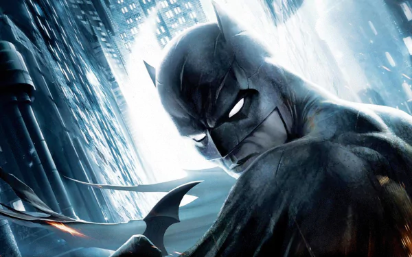 HD PC desktop wallpaper of Batman from the movie The Dark Knight Returns — brooding, cape unfurled in rain against a neon-lit Gotham skyline.