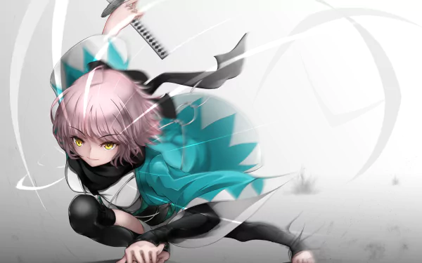 HD anime desktop wallpaper featuring Sakura Saber from Fate/KOHA-ACE, depicted in dynamic pose with pink hair, yellow eyes, and a flowing teal and black outfit.