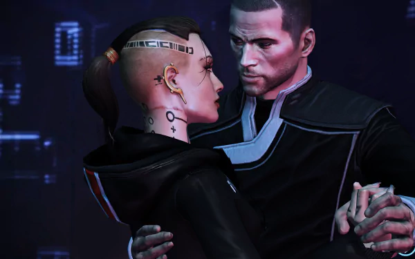 Commander Shepard and Jack from Mass Effect stand closely together in a dramatic, high-definition PC desktop wallpaper from the video game.