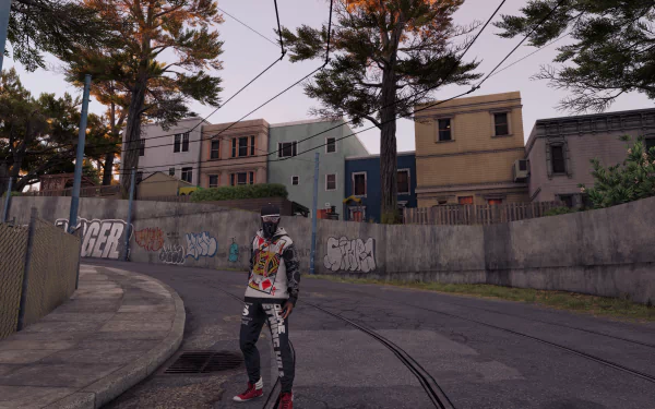 HD wallpaper of Marcus Holloway from Watch Dogs 2 video game, standing on a street with graffiti-covered walls and residential buildings in the background.