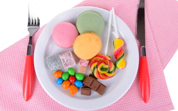 Colorful macarons, lollipop, chocolate pieces, and candy arranged on a white plate with red-handled fork and knife on a pink textured background, in 4K Ultra HD.