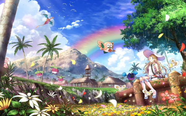 HD PC desktop wallpaper from the video game Pokémon: Sun and Moon, featuring a tropical landscape with Pokémon, a rainbow, and a character resting by a cannon.