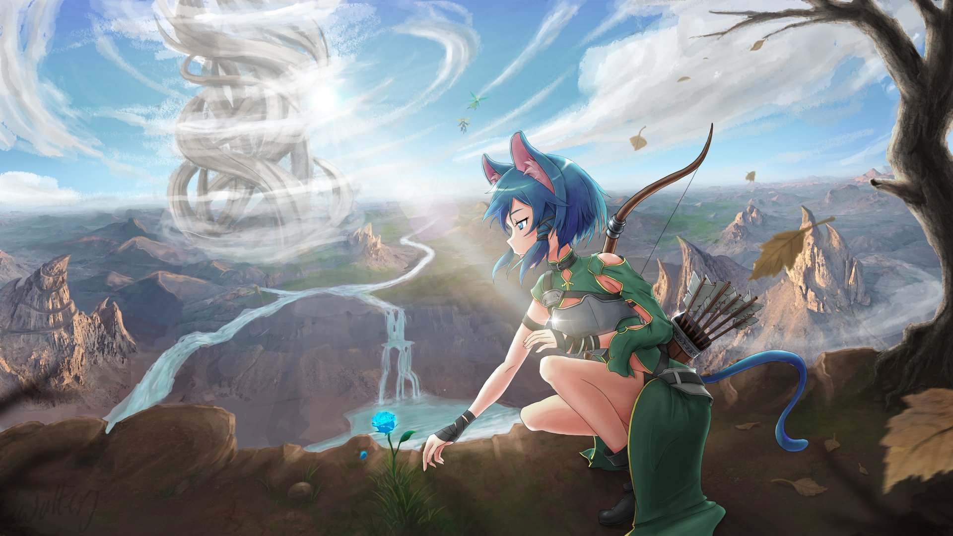 Anime Sword Art Online II 4K UHD PC wallpaper: blue-haired cat-eared archer kneels on a cliff, touching a glowing blue flower, overlooking a canyon with a winding river and distant spiral tower.