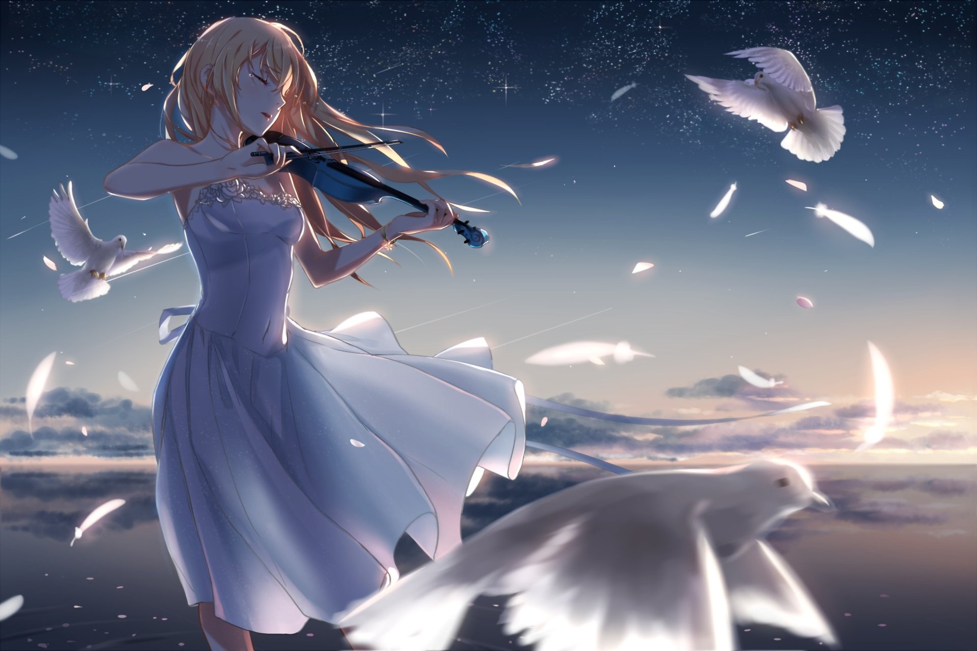 An HD anime desktop wallpaper featuring Kaori Miyazono from Your Lie in April. She is playing the violin, wearing a dress, with long blonde hair flowing, set against a serene background with flying doves.