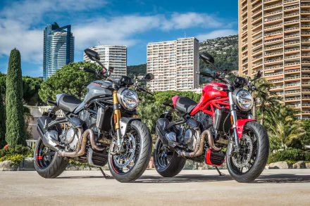 4K Ultra HD PC desktop wallpaper showing two Ducati Monster motorcycles (red and gray) parked in a sunlit cityscape — high-detail motorcycle vehicle close-up.