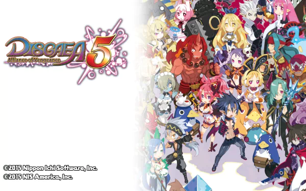 HD desktop wallpaper for Disgaea 5: Alliance of Vengeance featuring a vibrant array of characters from the game.