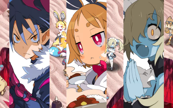 HD desktop wallpaper featuring characters from Disgaea 5: Alliance of Vengeance, with a stylized pink and brown background.