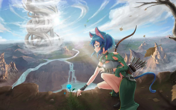 Anime Sword Art Online II 4K UHD PC wallpaper: blue-haired cat-eared archer kneels on a cliff, touching a glowing blue flower, overlooking a canyon with a winding river and distant spiral tower.