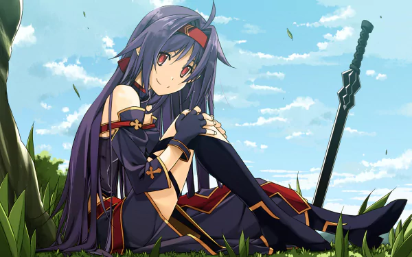HD PC desktop wallpaper featuring Yuuki Konno from Sword Art Online II sitting on grass with her sword planted beside her under a bright blue sky.