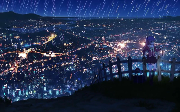 HD desktop wallpaper featuring Nao Tomori from the anime Charlotte, standing on a hill overlooking a brightly lit city at night with a sky filled with meteor streaks.