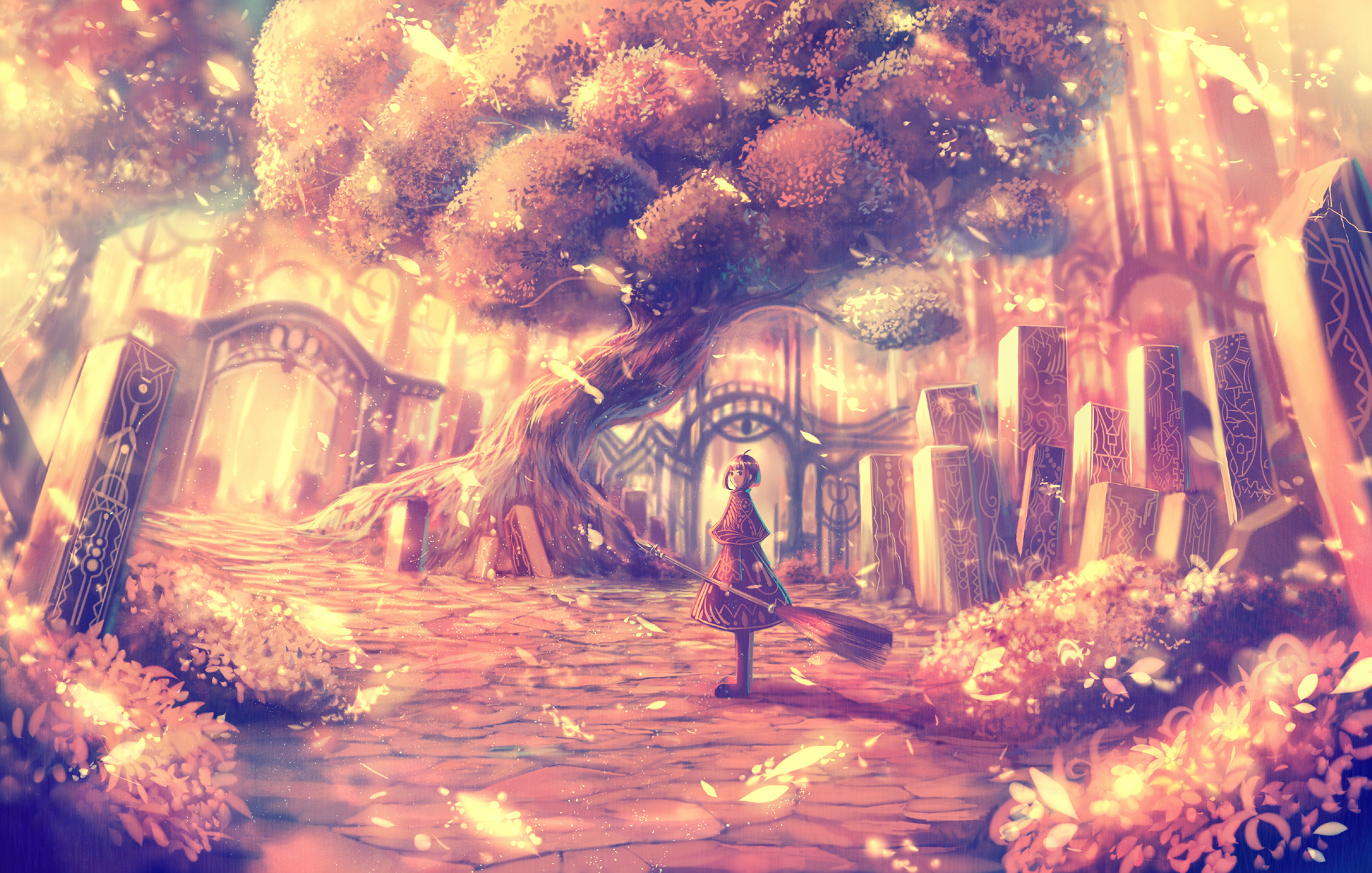 Anime HD wallpaper featuring an original artwork of a fantastical, luminous landscape with a large tree, archways, and a lone figure on a cobblestone path. The scene glows with warm, ethereal light.