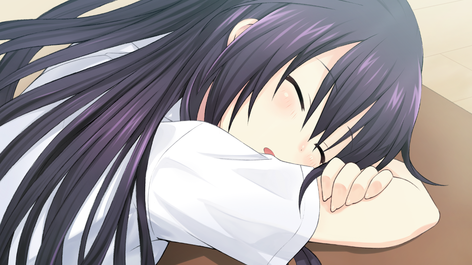 HD PC desktop wallpaper featuring Tohka Yatogami from the anime Date A Live with long dark hair, peacefully resting with a gentle smile.