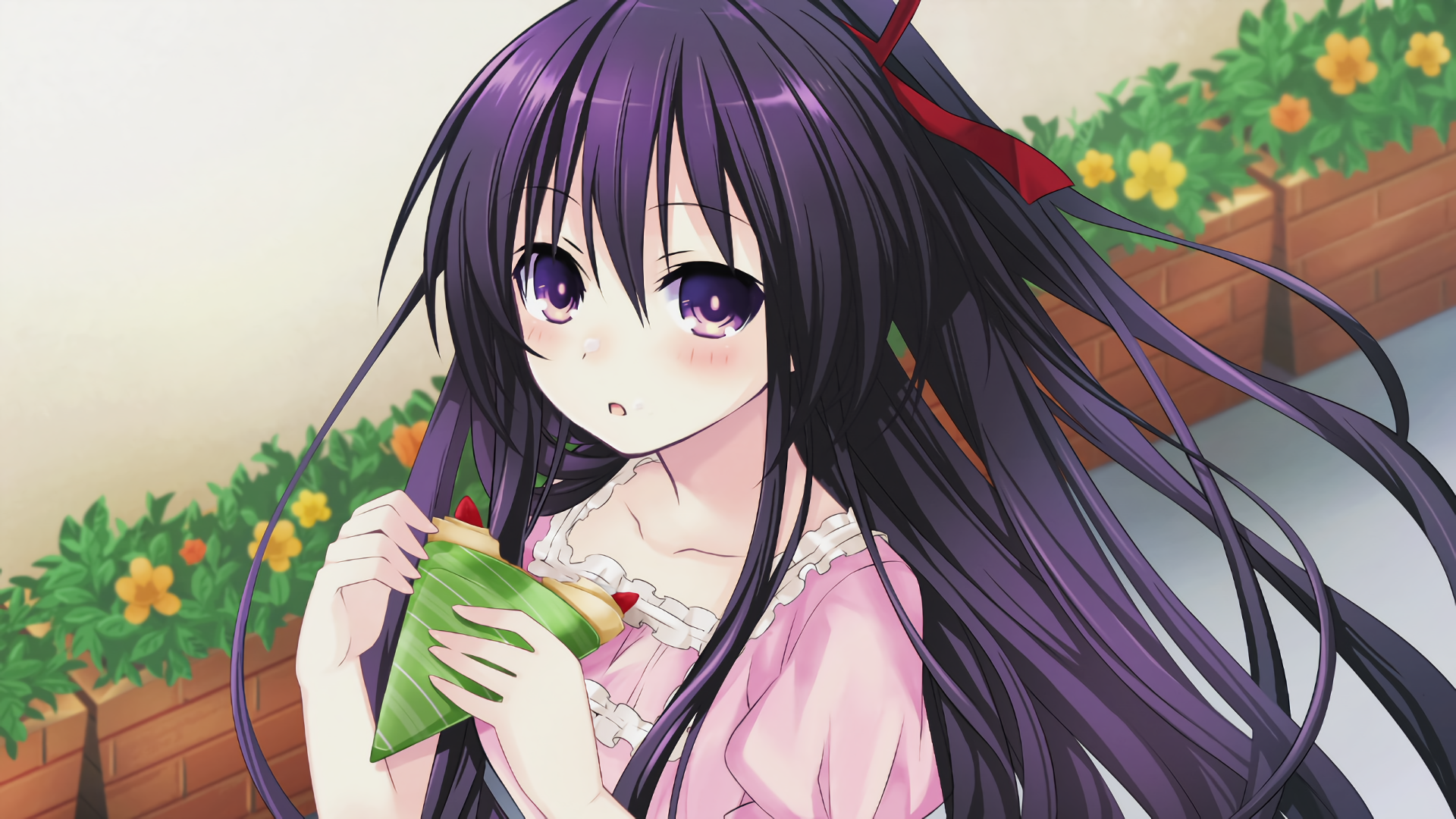HD anime desktop wallpaper featuring Tohka Yatogami from Date A Live with long purple hair and a pink outfit, holding food against a floral background.