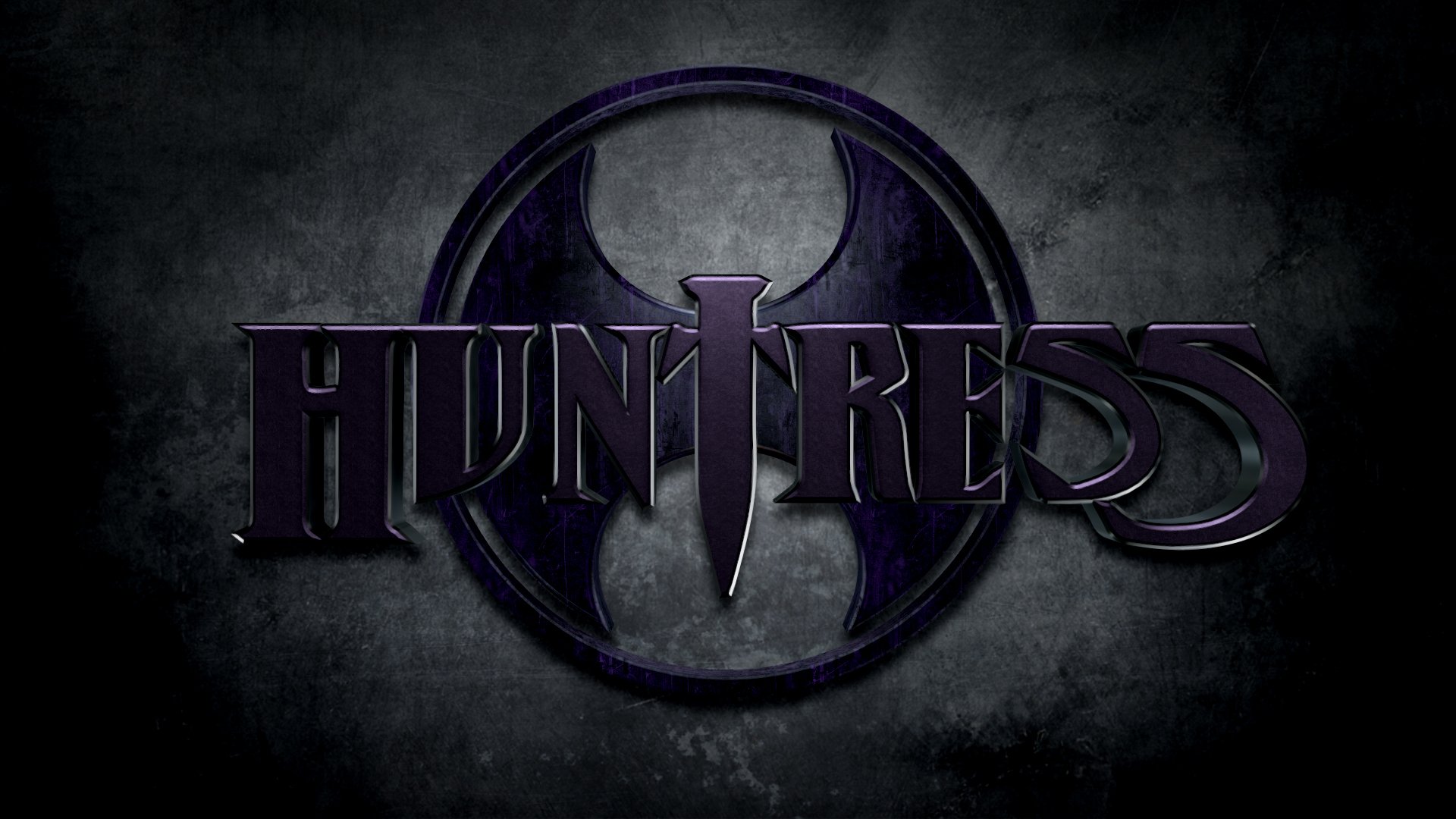 HD desktop wallpaper for DC Comics' character Huntress, featuring the dark, dramatic Huntress emblem and logo against a shadowy background.