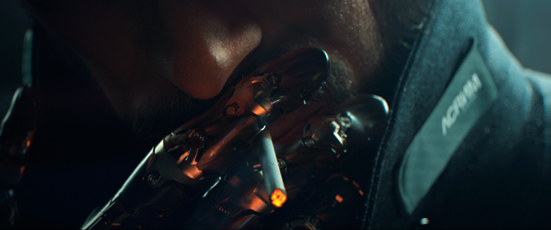 Close-up of a cybernetic hand holding a lit cigarette, from the HD PC desktop wallpaper of the video game Deus Ex: Mankind Divided.