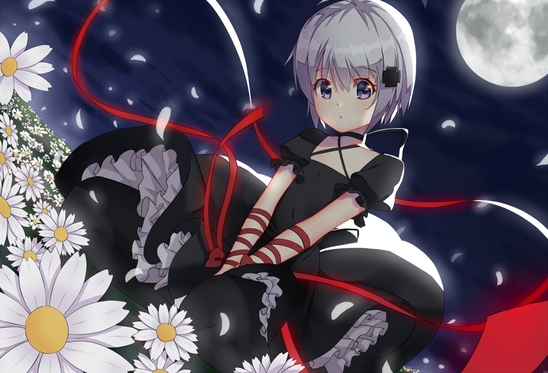 HD desktop wallpaper featuring Kagari from the anime Rewrite, with a night sky, full moon, and flowers in the background.