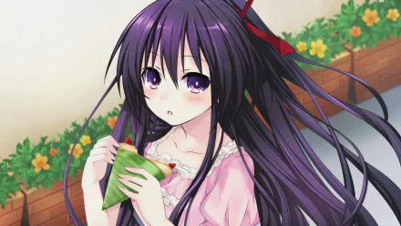 HD anime desktop wallpaper featuring Tohka Yatogami from Date A Live with long purple hair and a pink outfit, holding food against a floral background.