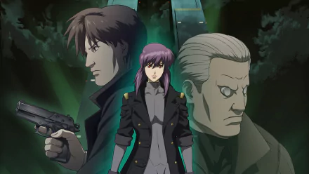 HD PC desktop wallpaper featuring characters from the anime Ghost in the Shell: Stand Alone Complex, showcasing a dark, intense cyberpunk atmosphere.