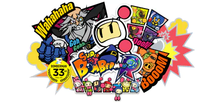 HD desktop wallpaper of Super Bomberman R featuring colorful game characters and dynamic comic-style explosions.