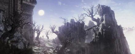 HD PC desktop wallpaper from the video game Dark Souls III, depicting a desolate landscape with rocky cliffs, bare twisted trees, and a bright sun in the sky.