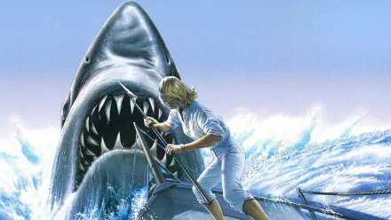 HD PC desktop wallpaper featuring a dramatic scene from the movie Jaws: The Revenge, showing a man confronting a massive shark breaching the water.