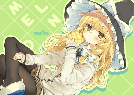 HD anime desktop wallpaper featuring Marisa Kirisame from Touhou, with her signature hat and blonde hair against a light green patterned background.
