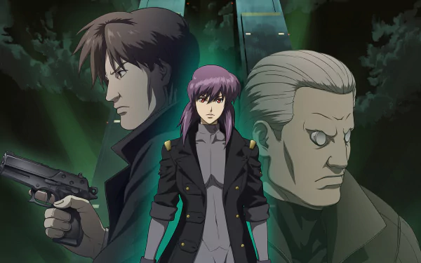 HD PC desktop wallpaper featuring characters from the anime Ghost in the Shell: Stand Alone Complex, showcasing a dark, intense cyberpunk atmosphere.