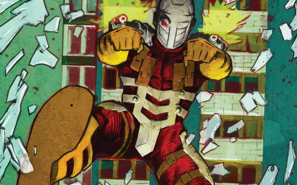 HD desktop wallpaper featuring Deadshot from DC Comics, depicted in an action scene bursting through a window amidst flying glass shards.