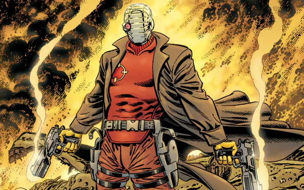 HD wallpaper featuring Deadshot, a character from DC Comics. Deadshot, equipped with dual pistols, stands against a fiery backdrop, showcasing the intense and action-packed atmosphere of comic artwork.