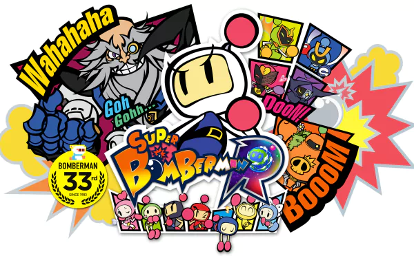 HD desktop wallpaper of Super Bomberman R featuring colorful game characters and dynamic comic-style explosions.