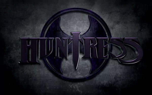 HD desktop wallpaper for DC Comics' character Huntress, featuring the dark, dramatic Huntress emblem and logo against a shadowy background.
