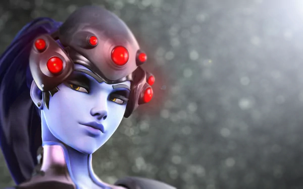 4K Ultra HD PC desktop wallpaper featuring Widowmaker from the video game Overwatch, showcasing her distinctive purple skin and multi-lensed headgear.