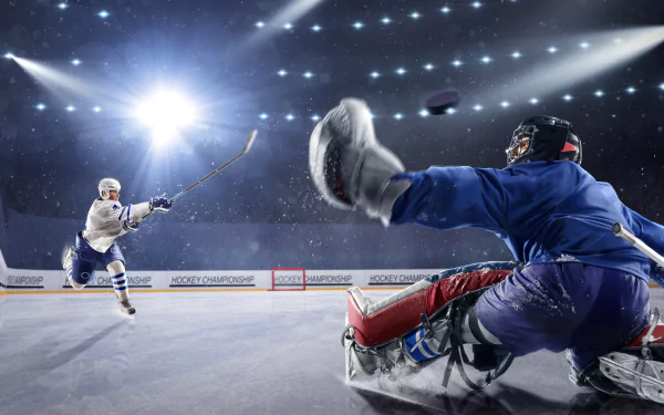 An intense hockey moment captured in 8K Ultra HD, showcasing bright arena lights, a player taking a powerful shot, and the goalie fully extended to block the puck.