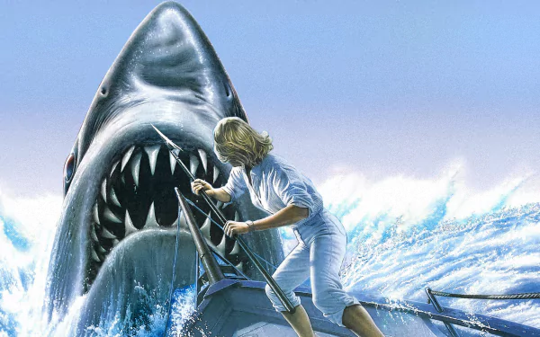 HD PC desktop wallpaper featuring a dramatic scene from the movie Jaws: The Revenge, showing a man confronting a massive shark breaching the water.