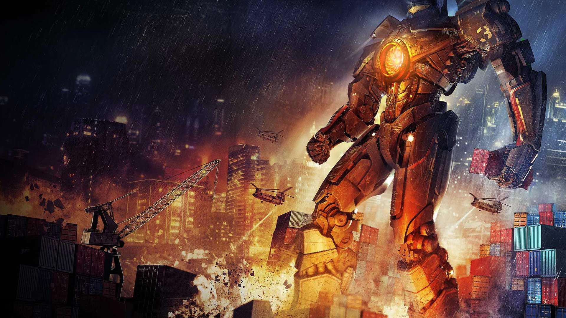 HD PC desktop wallpaper featuring a towering Jaeger robot from the movie Pacific Rim, set against a fiery, rain-soaked urban battlefield at night.