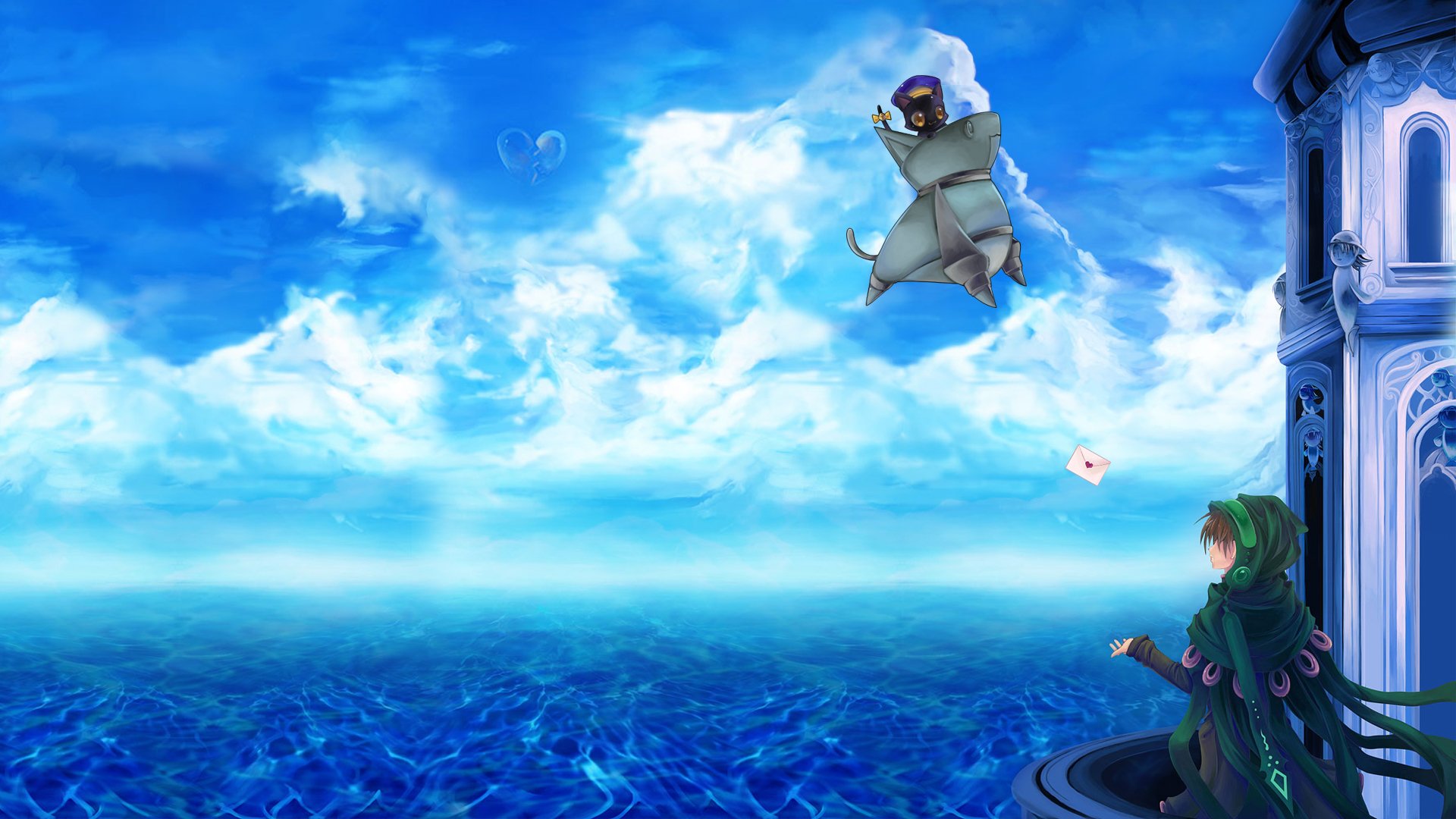 HD PC desktop wallpaper for the video game Other Age: Second Encounter showing Nitarou and Chocomaru over a vast blue sea and sky, Chocomaru floating while Nitarou watches from a balcony.
