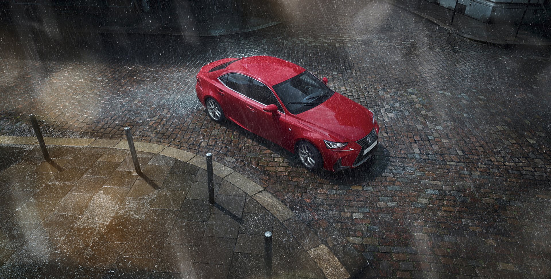 Red Lexus IS on wet cobblestone under heavy rain; HD PC desktop wallpaper/background of the car and vehicle.