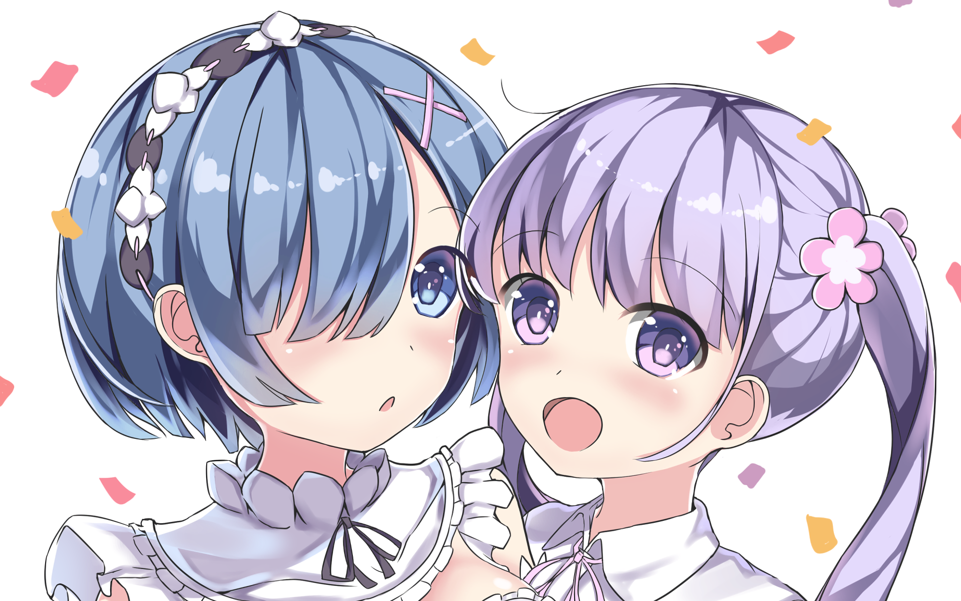 HD desktop wallpaper featuring Aoba Suzukaze from New Game! and Rem from Re:Zero - Starting Life in Another World. This anime crossover image displays both characters smiling amidst colorful confetti.
